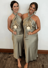 Amanda | Party Vibe Sheath Sage Green Satin Maxi Bridesmaid Dress with Halter and Backless - Price #price_variant_lowest# - Sage - PromDressClub